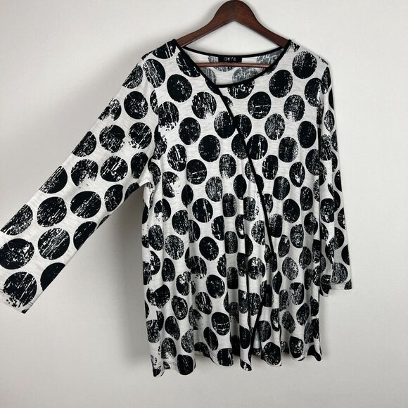 Comfy USA‎ Tunic Top Womens XL Black Beige Polka Dot Circle Print Artsy Slit - Picture 4 of 9